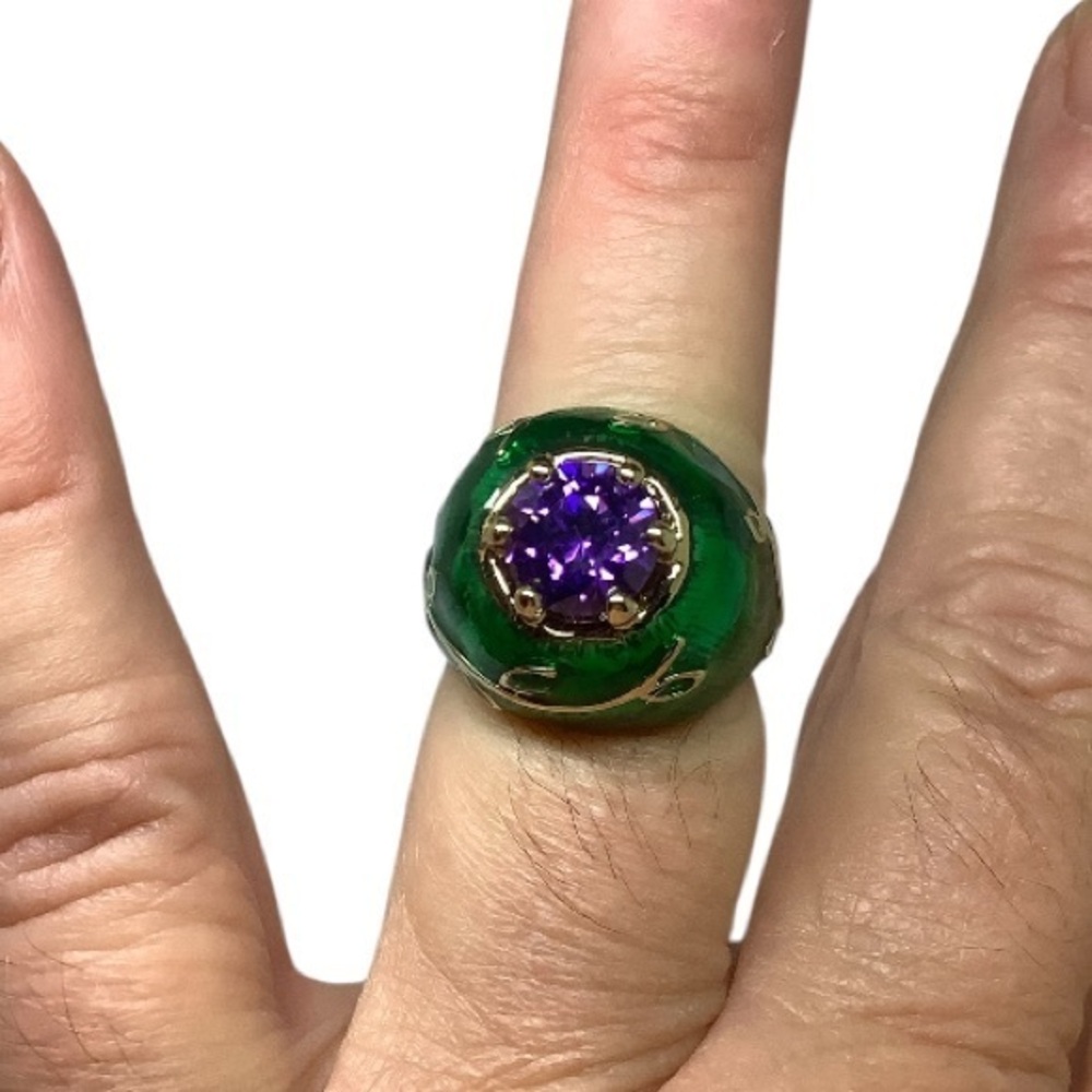Green enamel and Purple CZ Ring